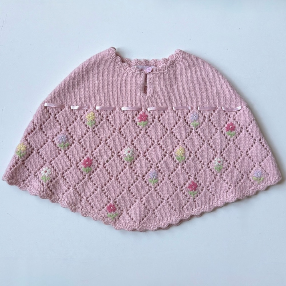 Ring Around the Rosie Girls Pink Knit Poncho with Floral Embroidery - Size 4T
